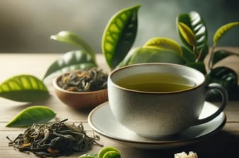 Gruener-Tee-in-einer-Tasse-daneben-Teblaetter